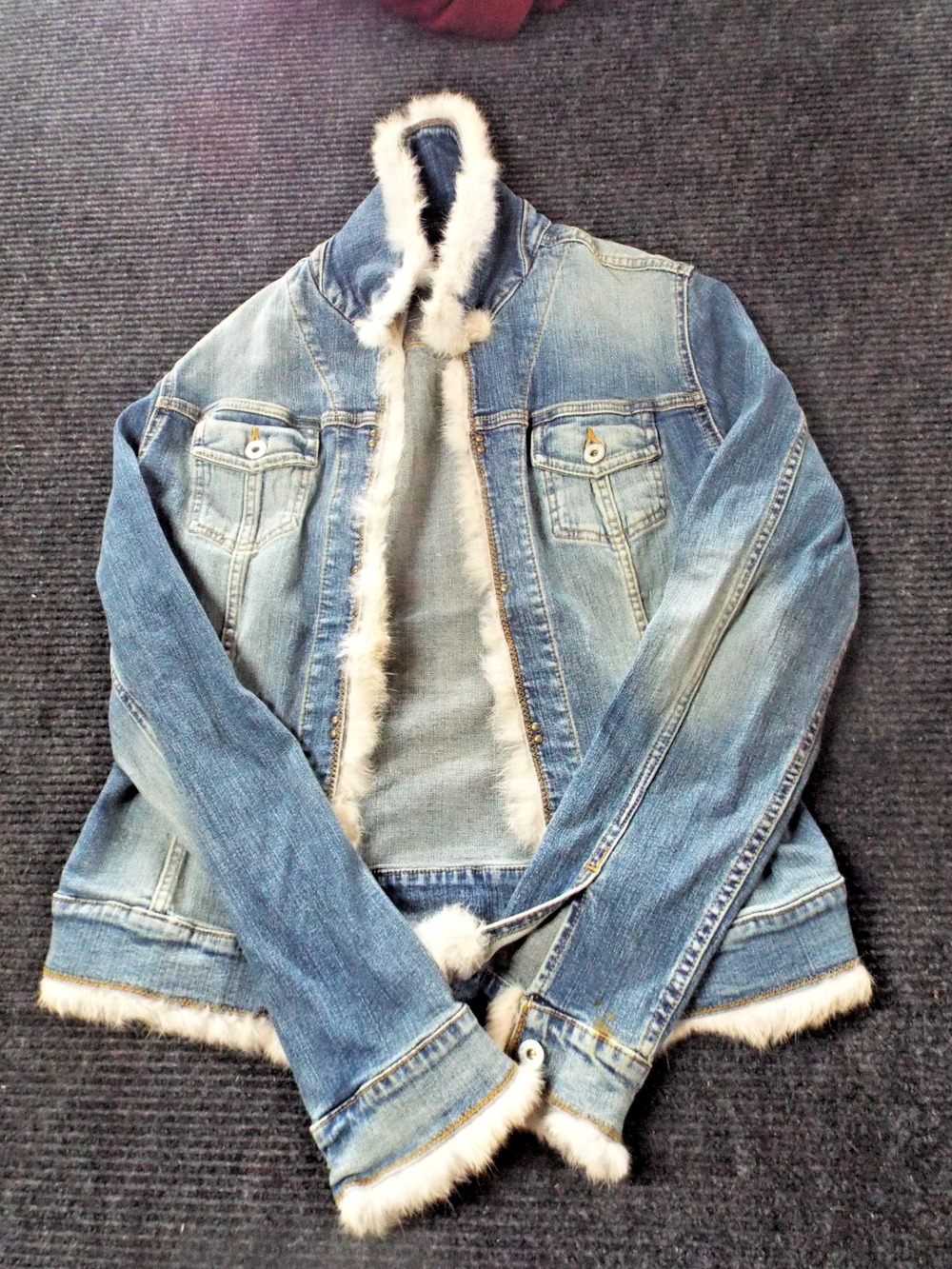 Allen B. By Allen Schwartz Jacket Womens Blue Denim Faux Fur Trim Tagged